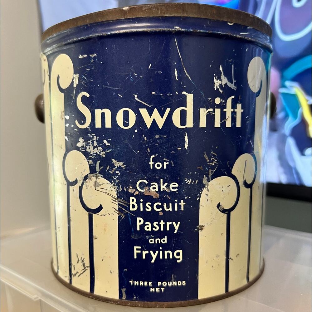 Vintage Snowdrift Quick-Mixing Shortening Tin Can 1940s Era